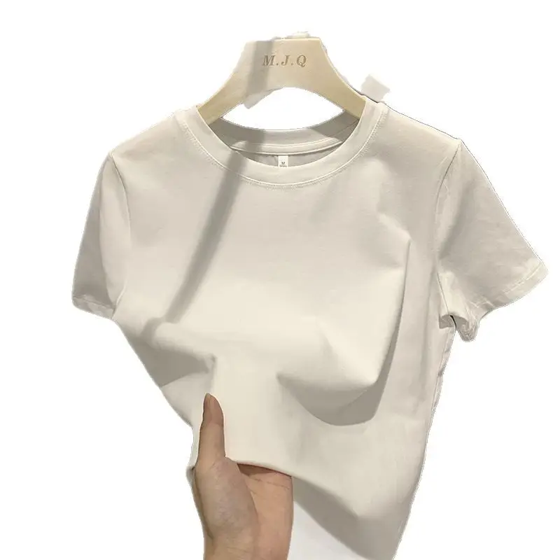 White Pure Cotton Short-Sleeve T-Shirt for Women, Slim Fit, Summer High-End Style, Round Neck, Slimming Short Base Shirt Top