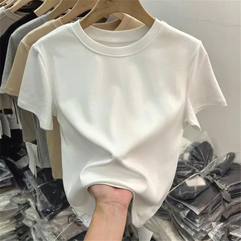 White Pure Cotton Short-Sleeve T-Shirt for Women, Slim Fit, Summer High-End Style, Round Neck, Slimming Short Base Shirt Top — feature 1