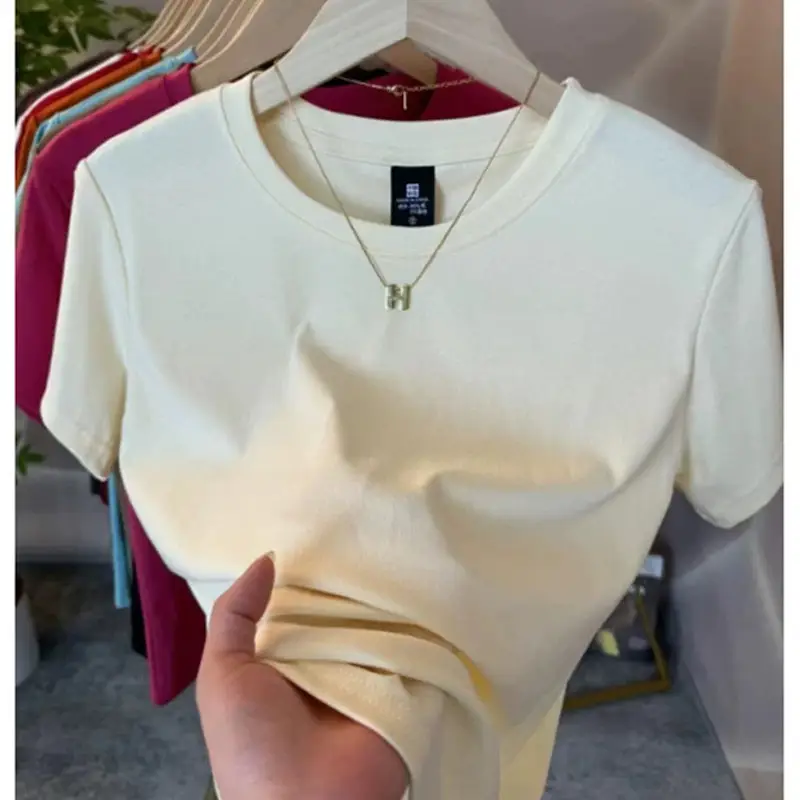 White Pure Cotton Short-Sleeve T-Shirt for Women, Slim Fit, Summer High-End Style, Round Neck, Slimming Short Base Shirt Top