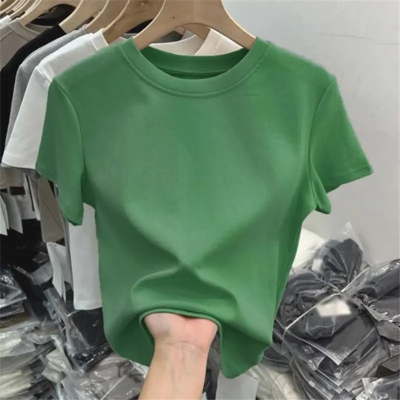 White Pure Cotton Short-Sleeve T-Shirt for Women, Slim Fit, Summer High-End Style, Round Neck, Slimming Short Base Shirt Top