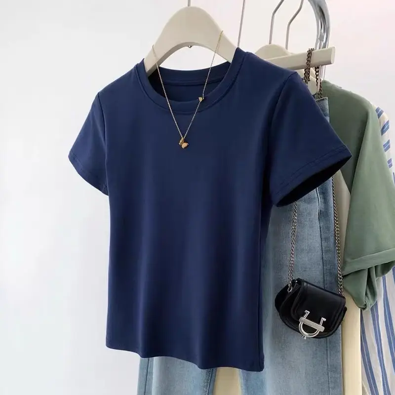 White Pure Cotton Short-Sleeve T-Shirt for Women, Slim Fit, Summer High-End Style, Round Neck, Slimming Short Base Shirt Top