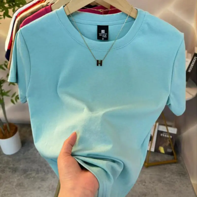 White Pure Cotton Short-Sleeve T-Shirt for Women, Slim Fit, Summer High-End Style, Round Neck, Slimming Short Base Shirt Top