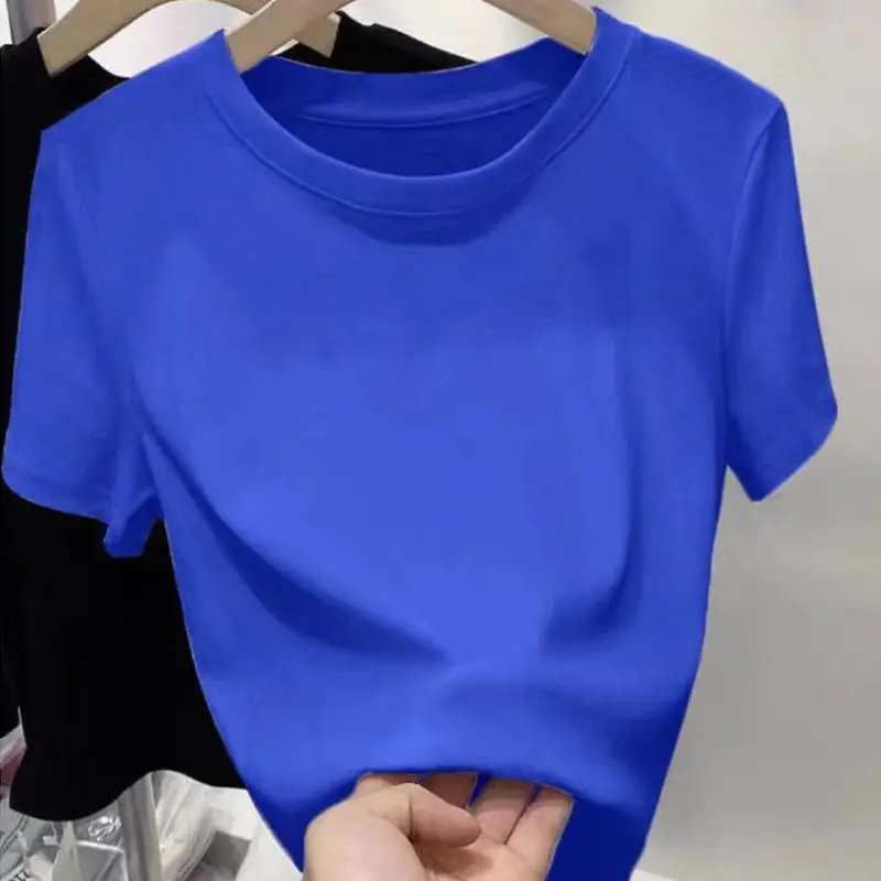 White Pure Cotton Short-Sleeve T-Shirt for Women, Slim Fit, Summer High-End Style, Round Neck, Slimming Short Base Shirt Top