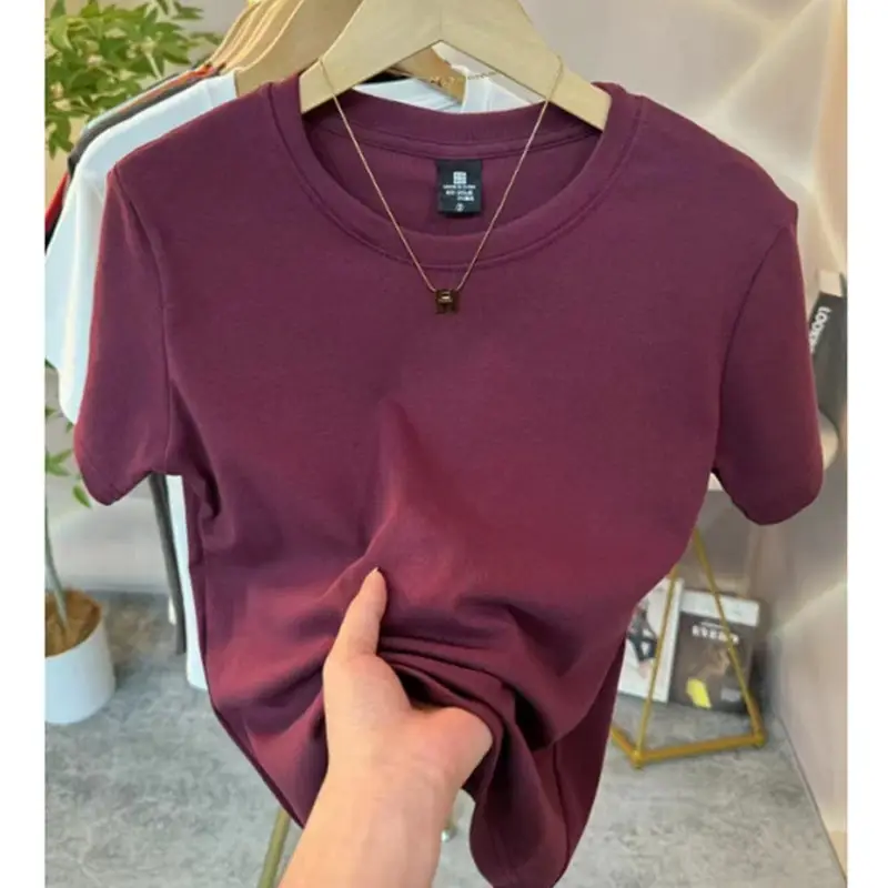 White Pure Cotton Short-Sleeve T-Shirt for Women, Slim Fit, Summer High-End Style, Round Neck, Slimming Short Base Shirt Top