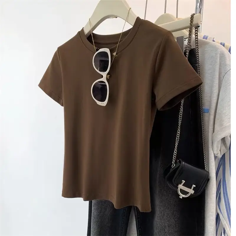 White Pure Cotton Short-Sleeve T-Shirt for Women, Slim Fit, Summer High-End Style, Round Neck, Slimming Short Base Shirt Top