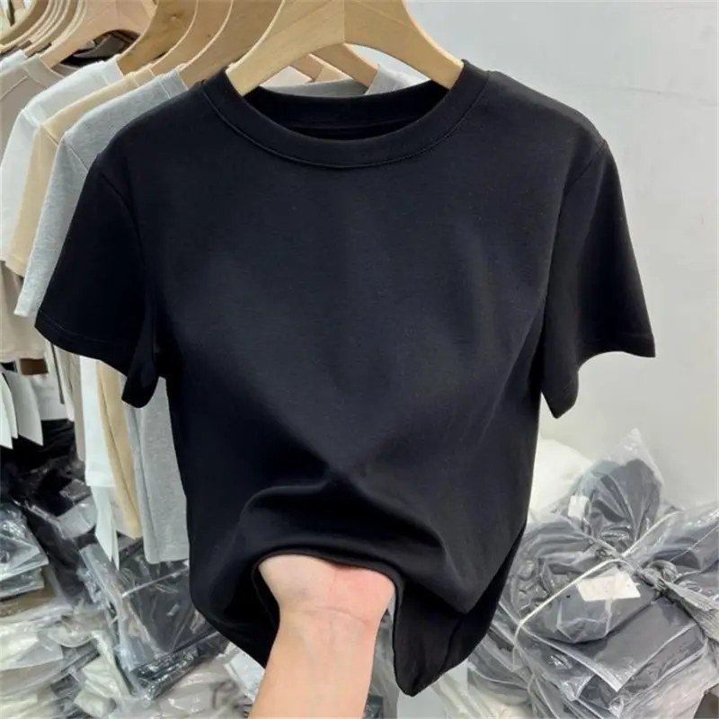 White Pure Cotton Short-Sleeve T-Shirt for Women, Slim Fit, Summer High-End Style, Round Neck, Slimming Short Base Shirt Top