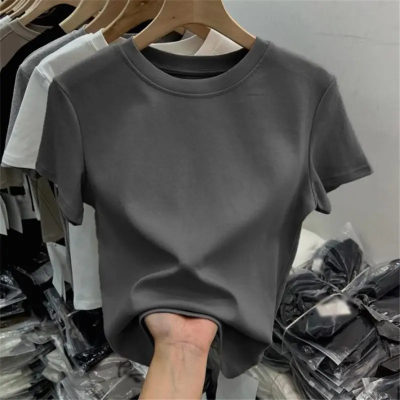 White Pure Cotton Short-Sleeve T-Shirt for Women, Slim Fit, Summer High-End Style, Round Neck, Slimming Short Base Shirt Top