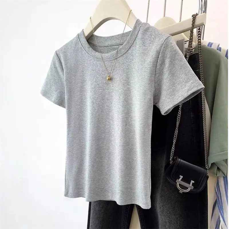 White Pure Cotton Short-Sleeve T-Shirt for Women, Slim Fit, Summer High-End Style, Round Neck, Slimming Short Base Shirt Top