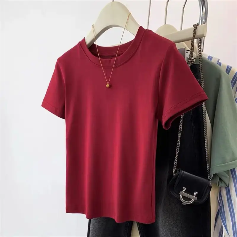 White Pure Cotton Short-Sleeve T-Shirt for Women, Slim Fit, Summer High-End Style, Round Neck, Slimming Short Base Shirt Top