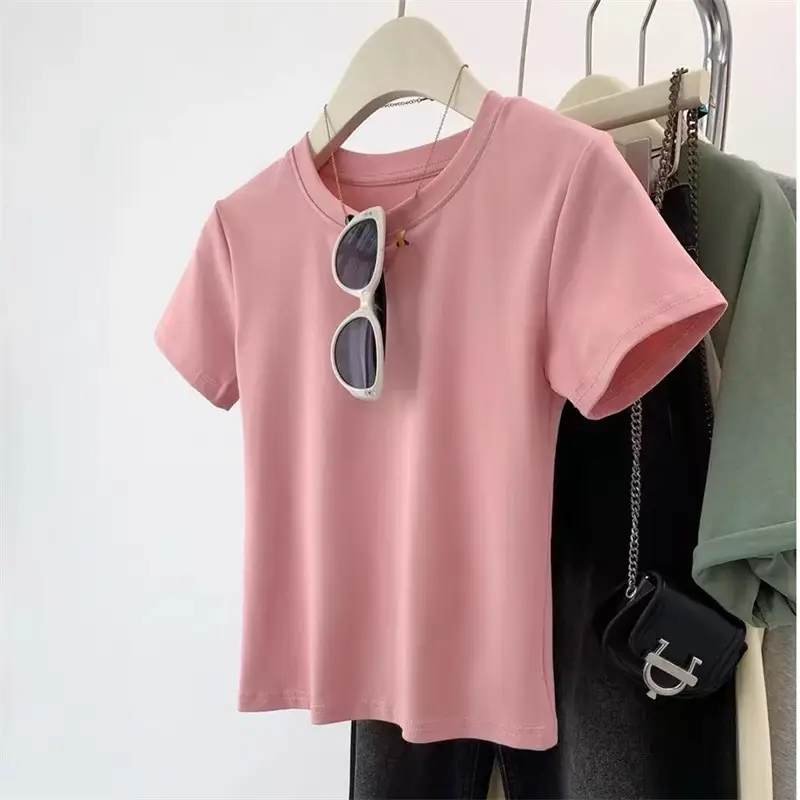 White Pure Cotton Short-Sleeve T-Shirt for Women, Slim Fit, Summer High-End Style, Round Neck, Slimming Short Base Shirt Top