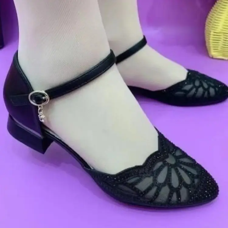 Hollow Soft-soled Mid-heel Sandals Women's Mid-heel Thick-heel Outwear Shallow Mouth Pointed Hollow Rhinestone Buckle Shoes for Moms — feature 1