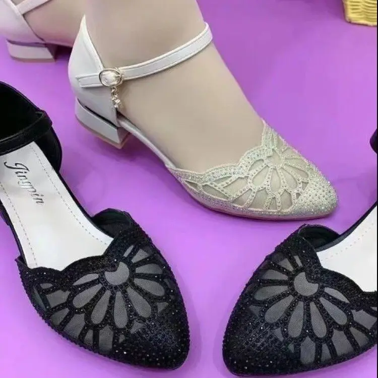 Hollow Soft-soled Mid-heel Sandals Women's Mid-heel Thick-heel Outwear Shallow Mouth Pointed Hollow Rhinestone Buckle Shoes for Moms — feature 4