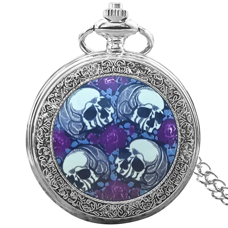 Retro Skull Rose Pocket Watch Ceramic Face - Image 2