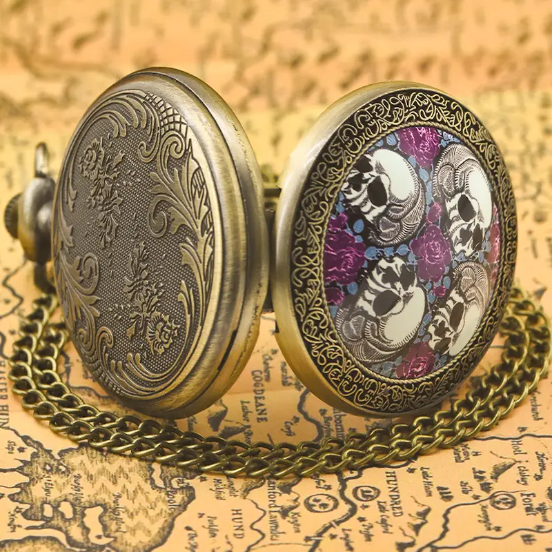 Retro Skull Rose Pocket Watch Ceramic Face - Image 4