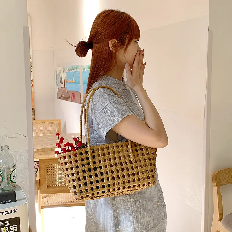 2025 Summer Hollow Beige Woven Beach Bag - Image 6