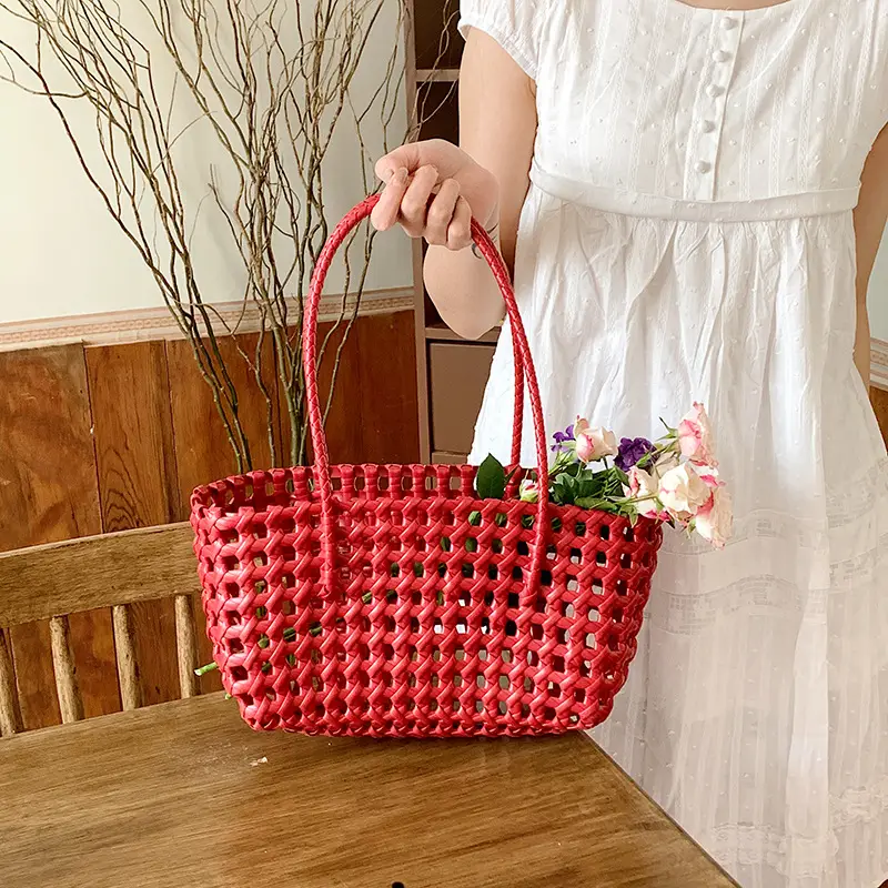 2025 Summer Hollow Beige Woven Beach Bag - Image 7