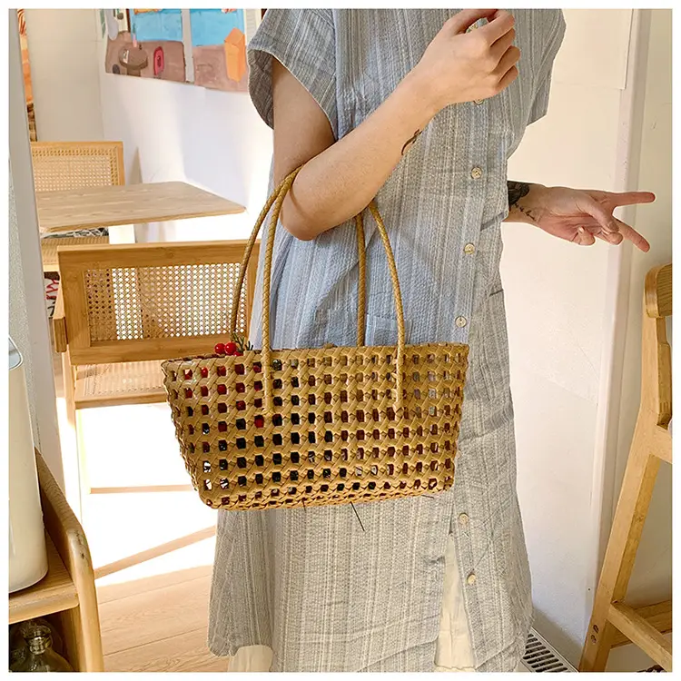 2025 Summer Hollow Beige Woven Beach Bag — feature 10
