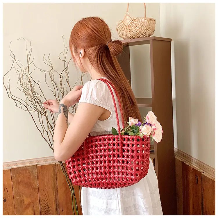 2025 Summer Hollow Beige Woven Beach Bag — feature 20
