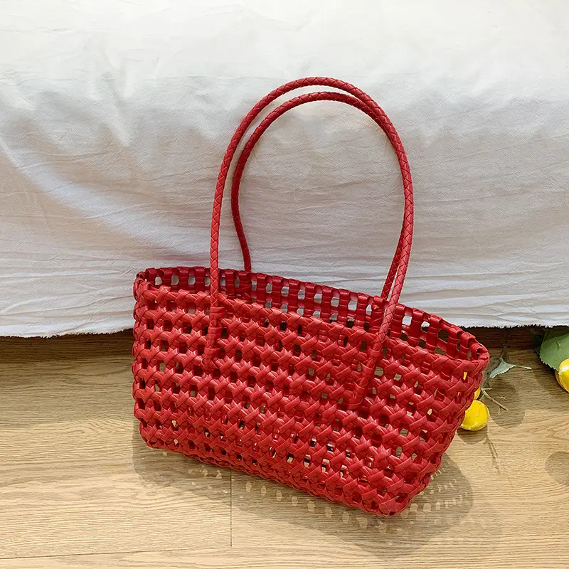 2025 Summer Hollow Beige Woven Beach Bag - Image 2