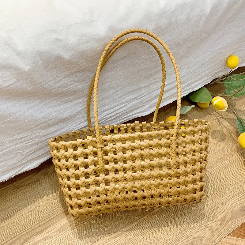 2025 Summer Hollow Beige Woven Beach Bag - Image 3