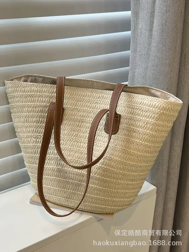 Beige Straw Veggie Basket Bag for Women - Image 6