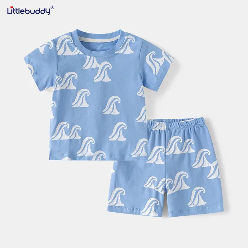 Blue Printed Cotton Baby Shorts & T-Shirt Set