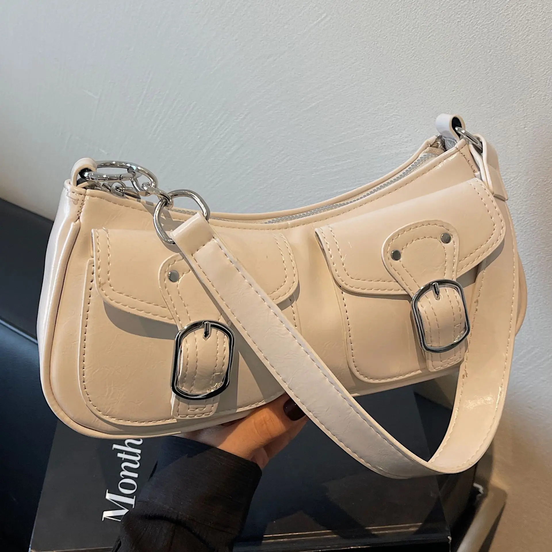 Women's Gold Leather Crossbody Bag with 3 Pockets - Image 8
