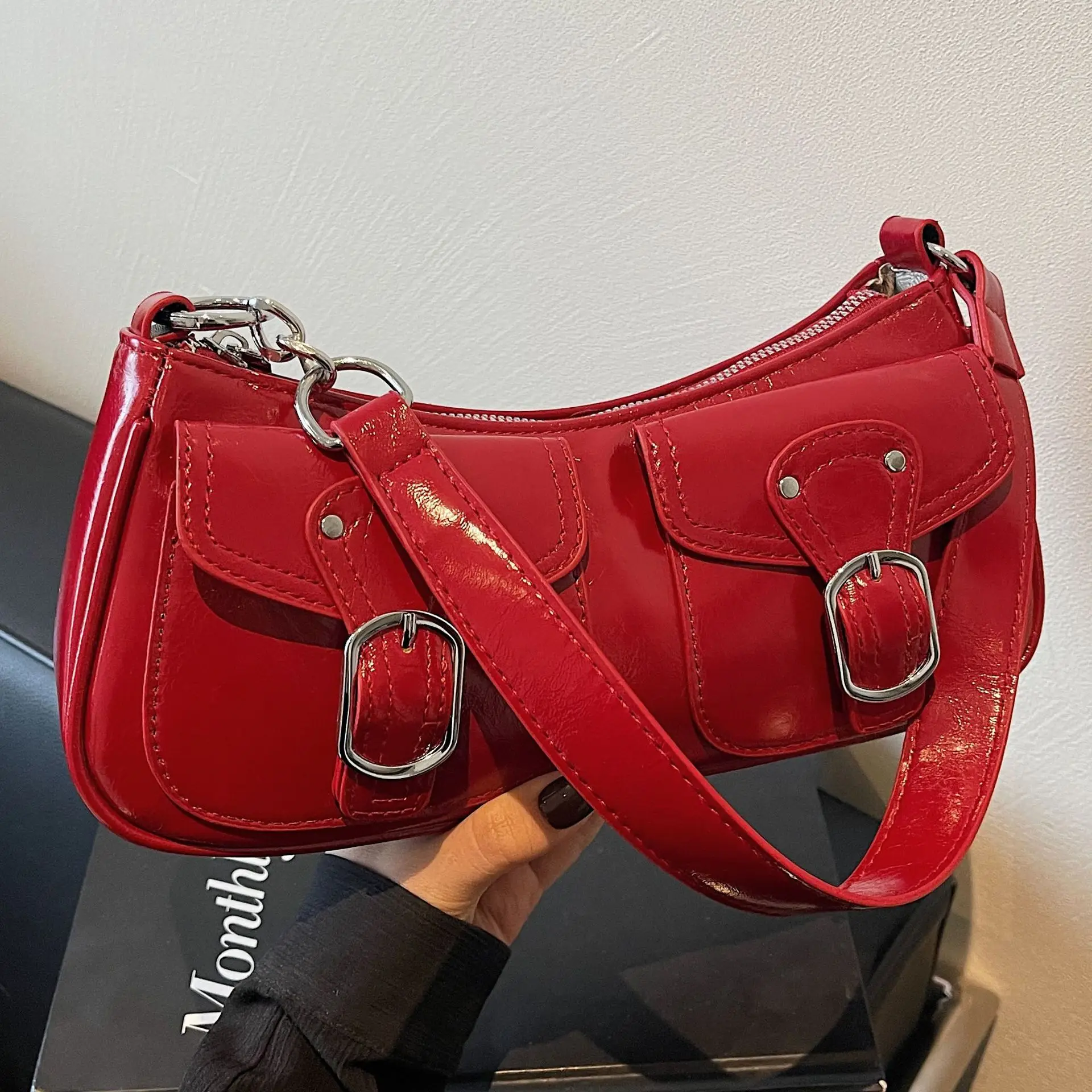 Women's Gold Leather Crossbody Bag with 3 Pockets - Image 9