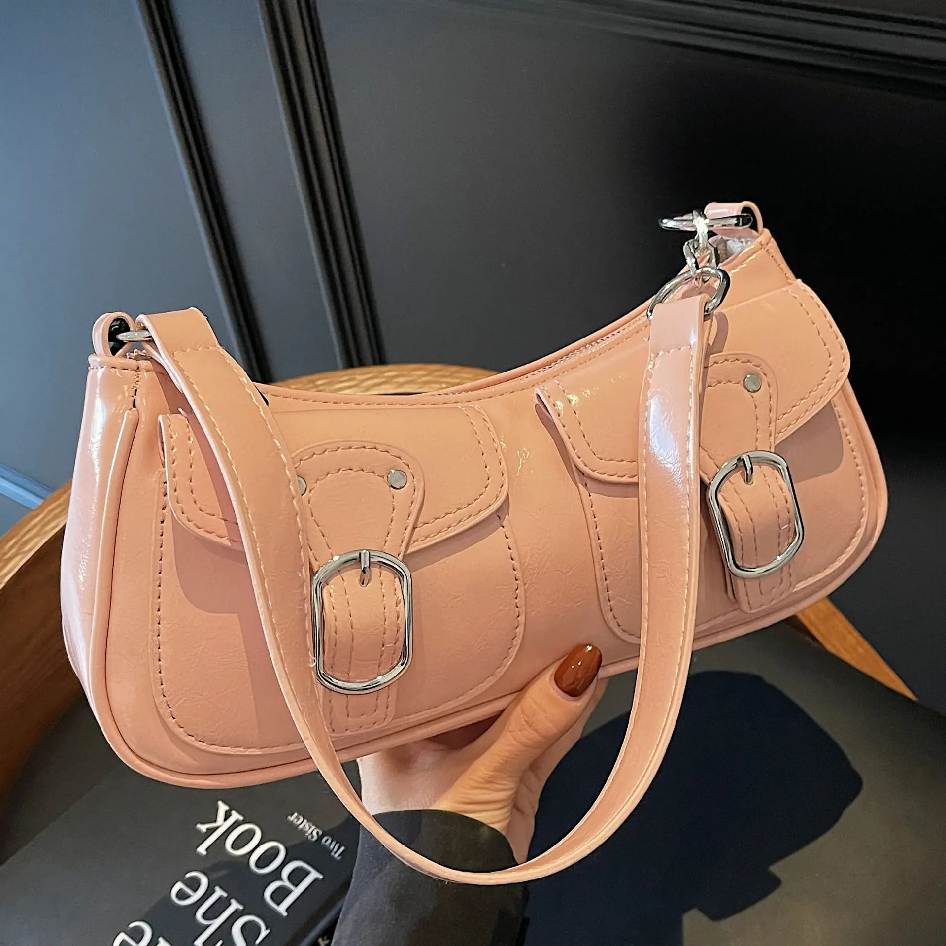 Women's Gold Leather Crossbody Bag with 3 Pockets - Image 10