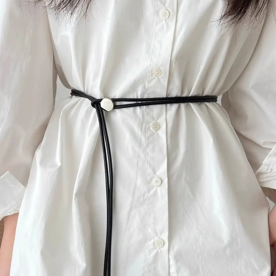 Women's White Leather Belted Summer Dress Shirt - Image 4