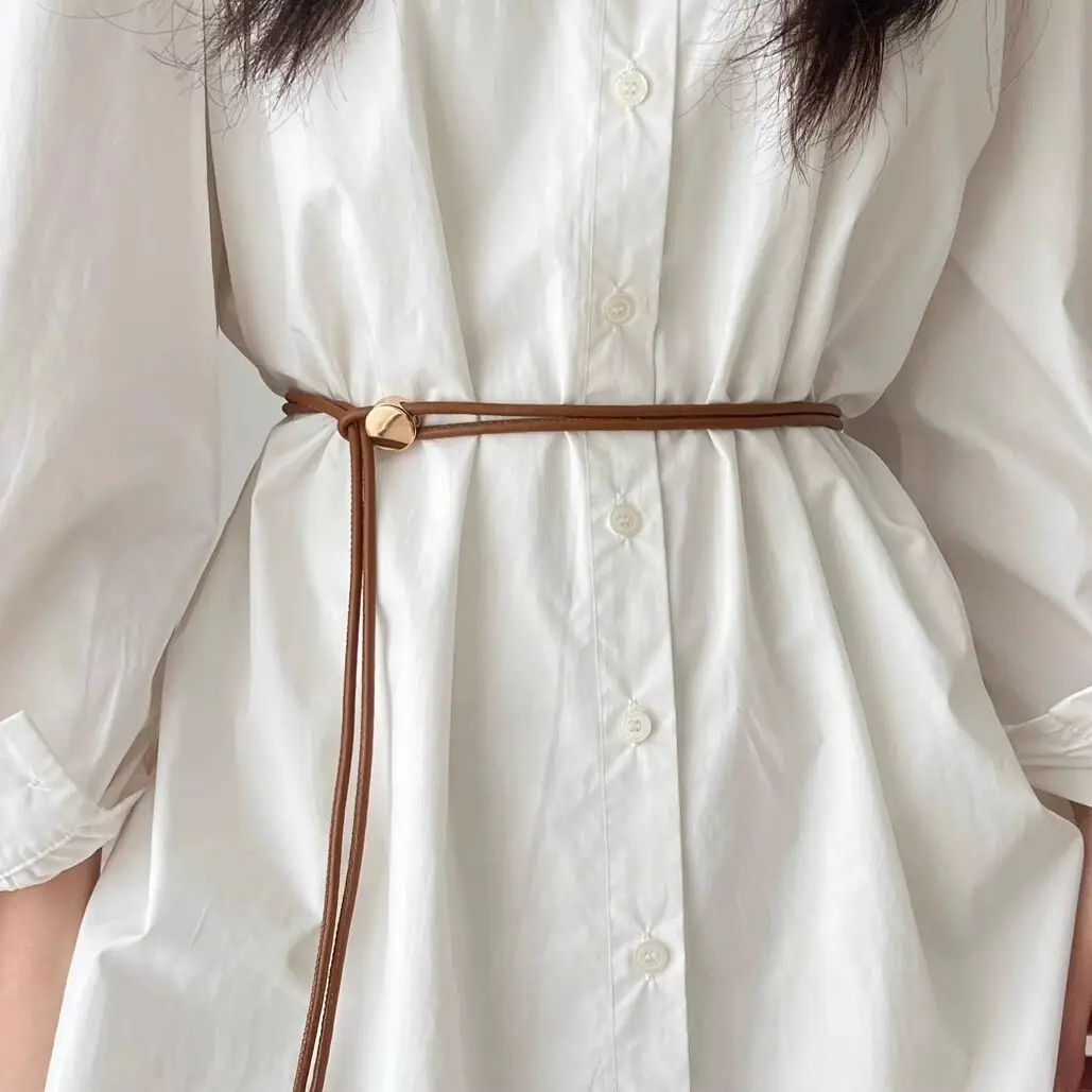 Women's White Leather Belted Summer Dress Shirt - Image 6