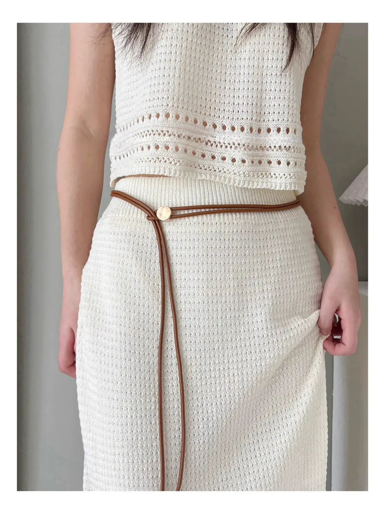 Women's White Leather Belted Summer Dress Shirt — feature 10