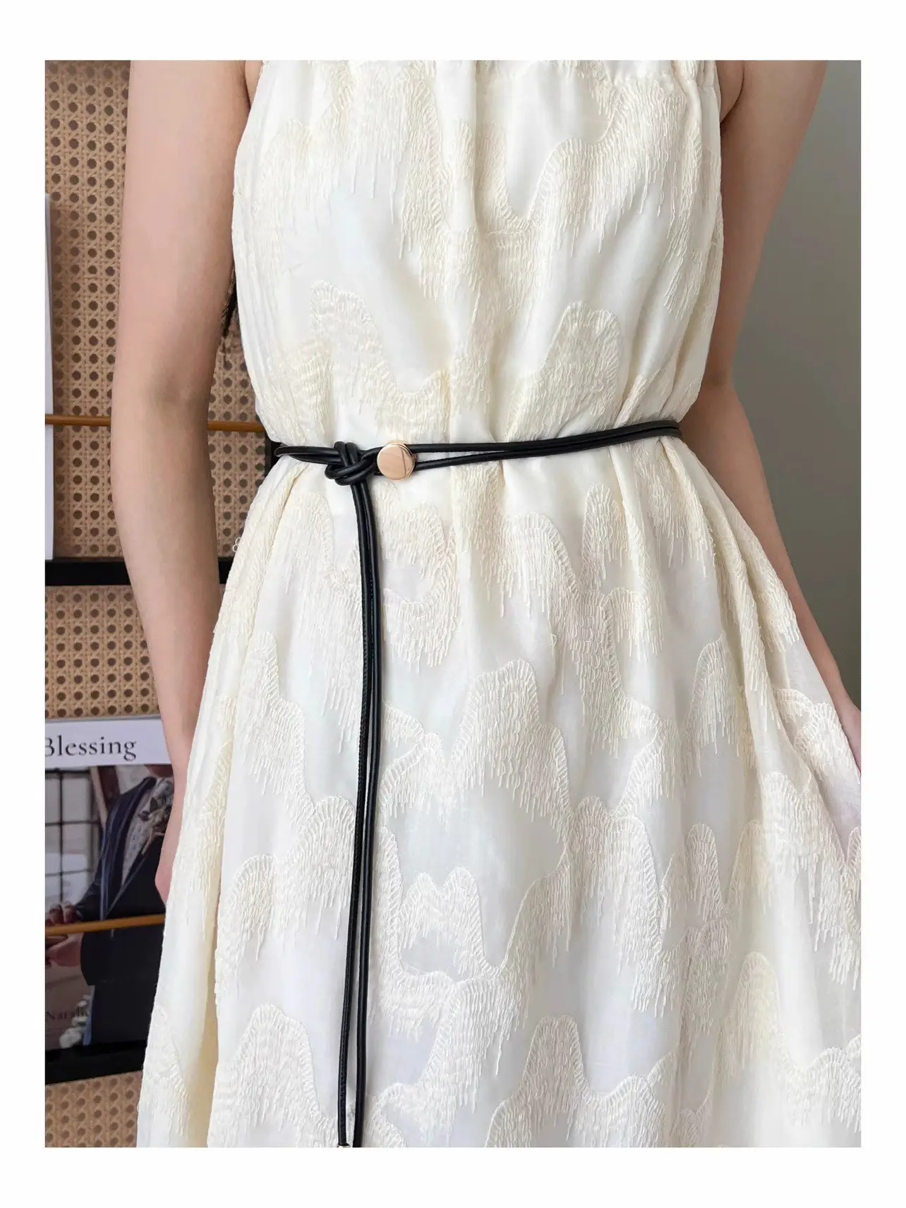 Women's White Leather Belted Summer Dress Shirt — feature 11