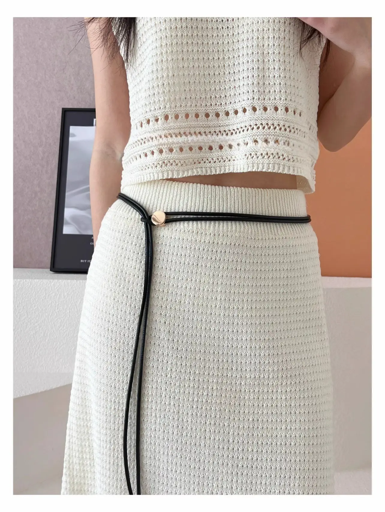 Women's White Leather Belted Summer Dress Shirt — feature 12