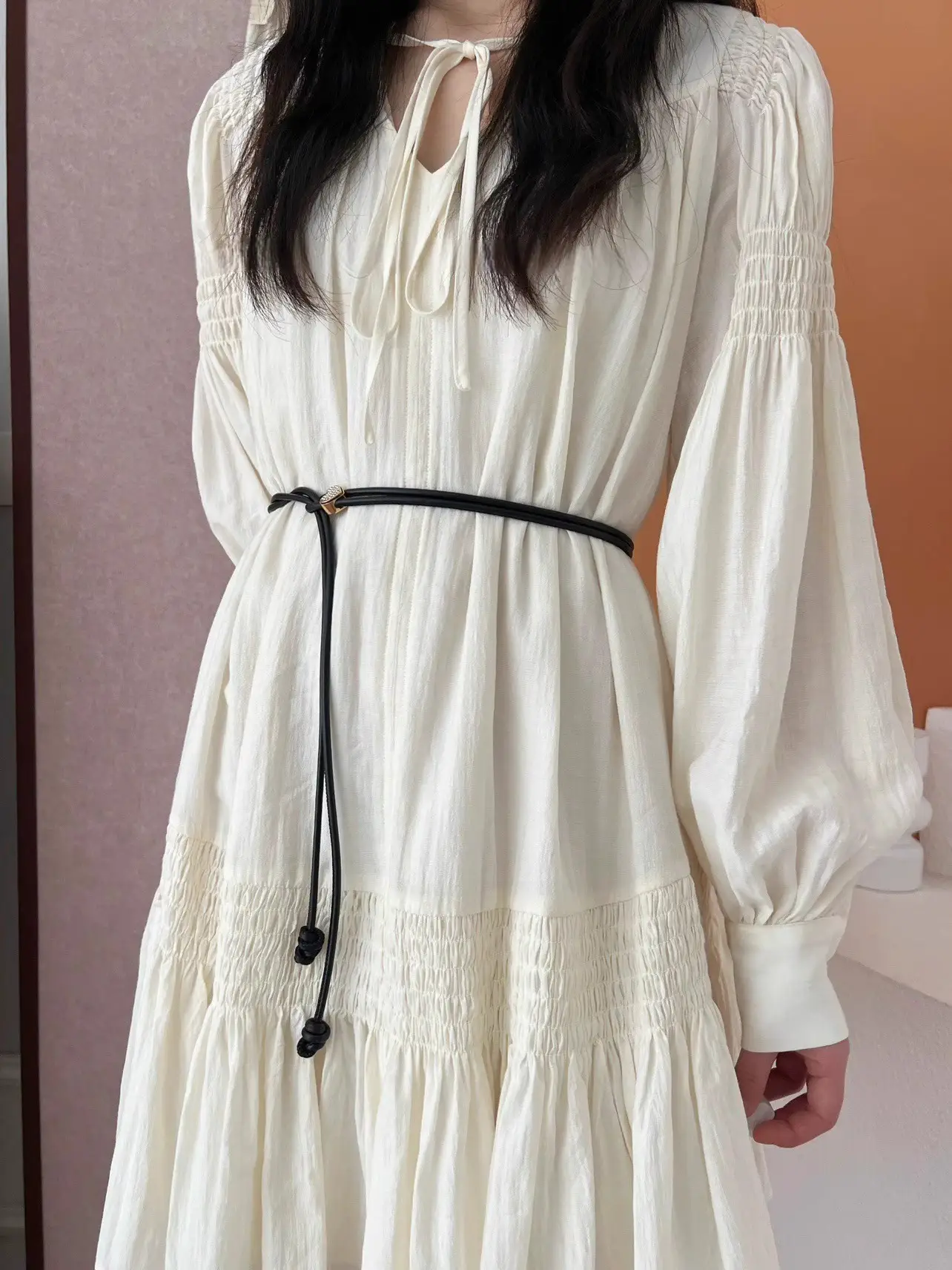 Women's White Leather Belted Summer Dress Shirt — feature 13