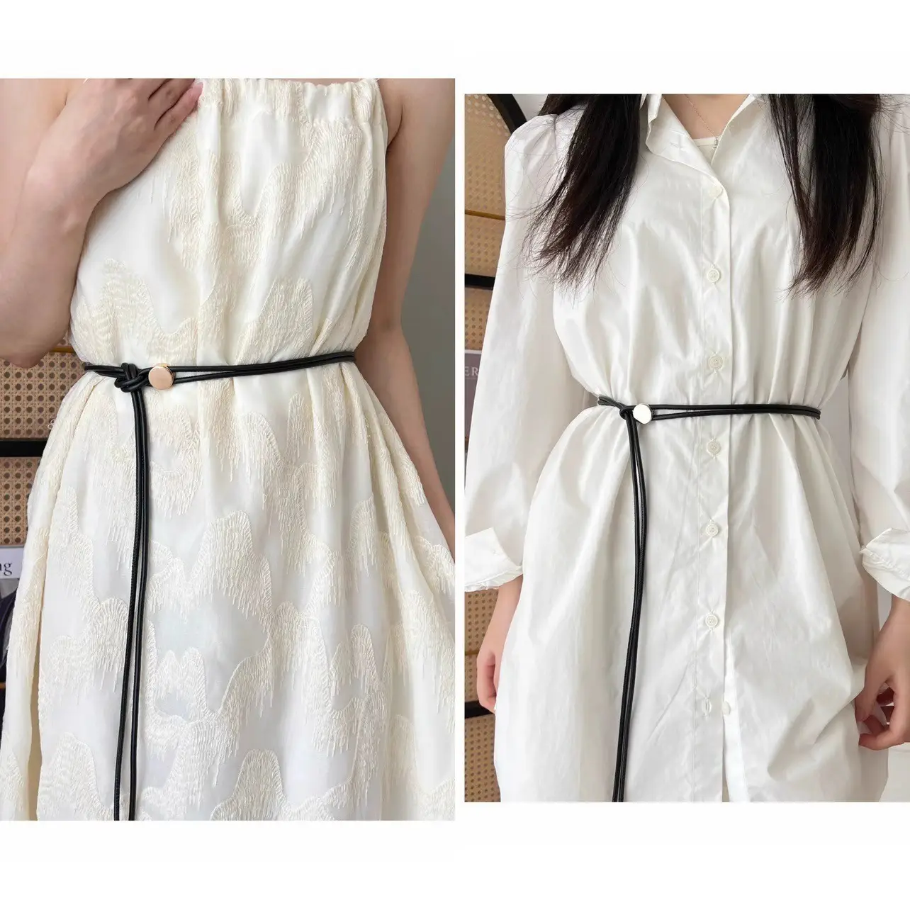 Women's White Leather Belted Summer Dress Shirt — feature 3