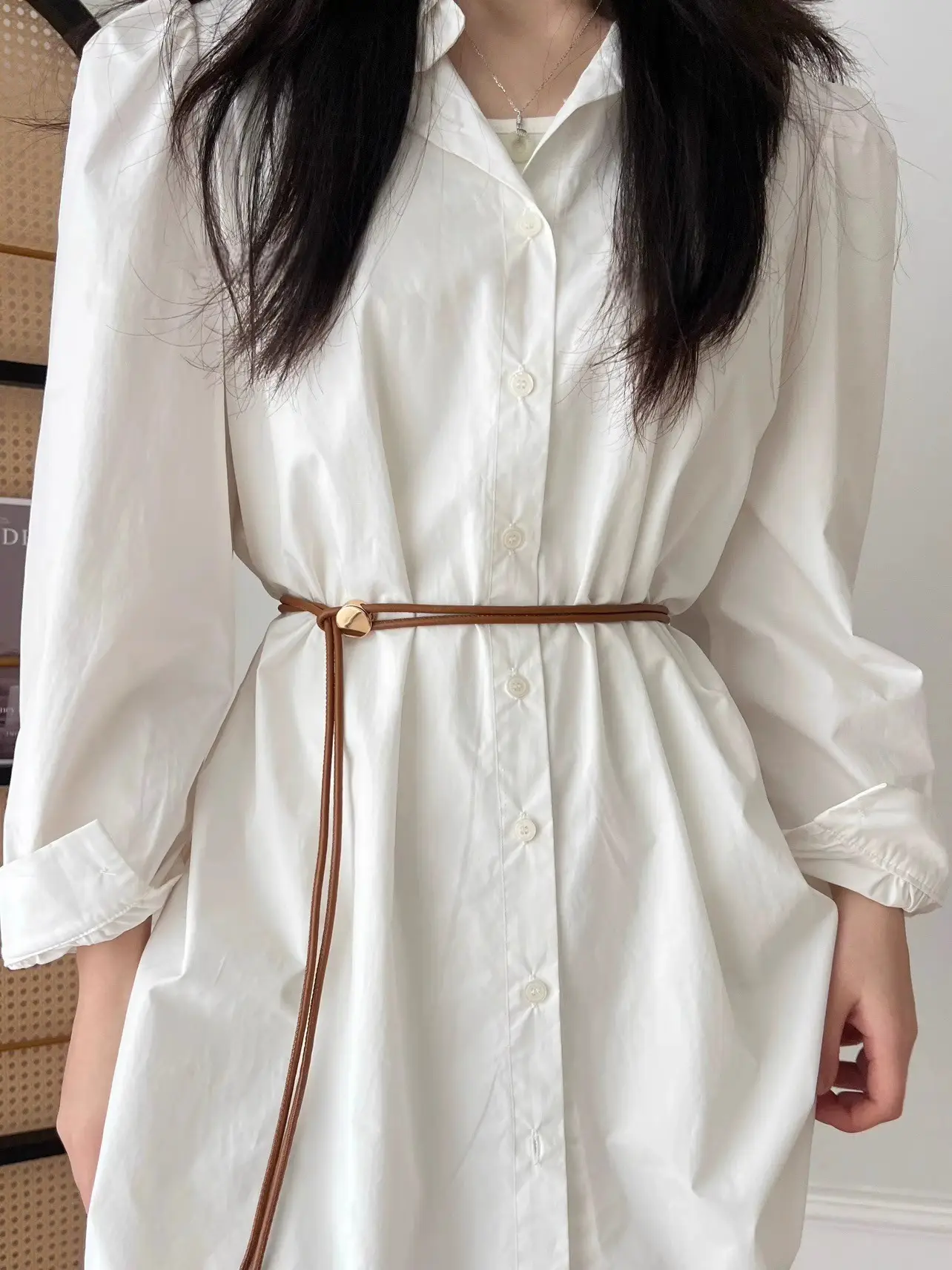 Women's White Leather Belted Summer Dress Shirt — feature 4