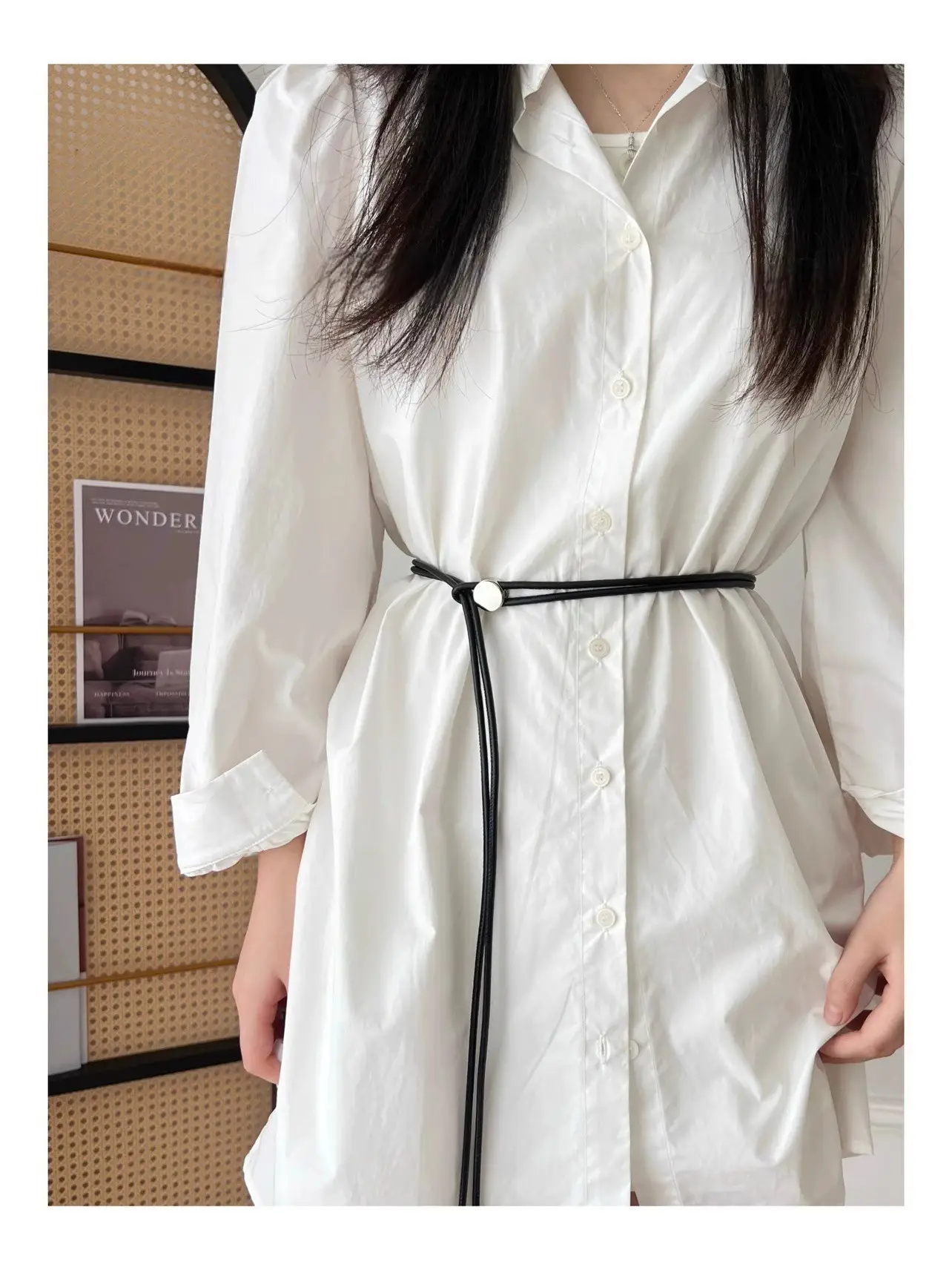 Women's White Leather Belted Summer Dress Shirt — feature 5