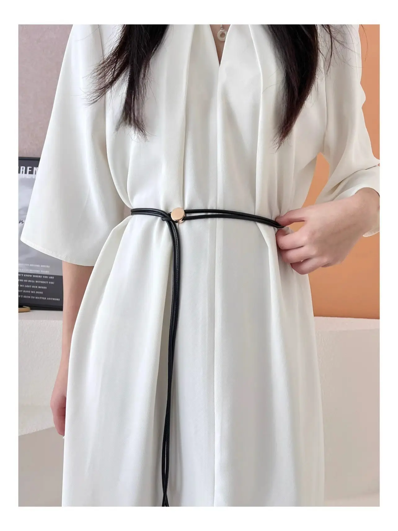 Women's White Leather Belted Summer Dress Shirt — feature 7