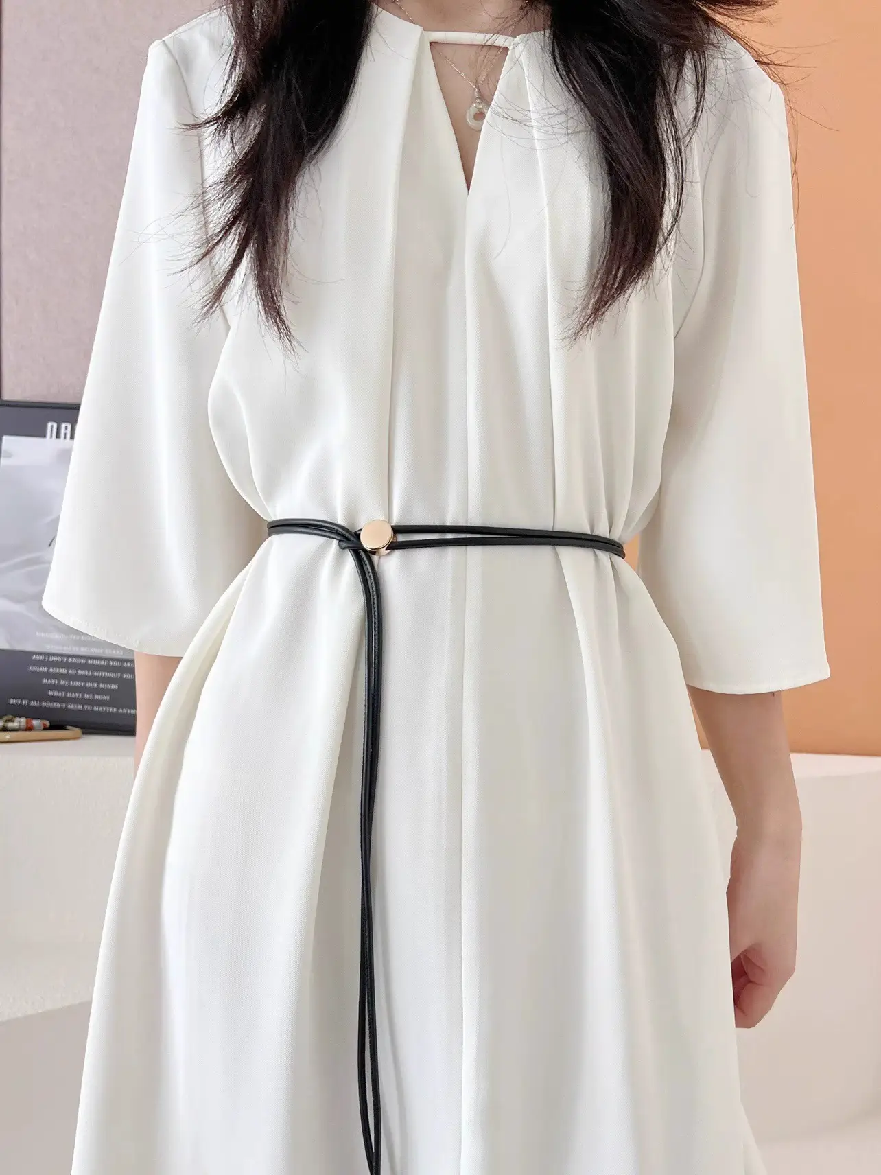 Women's White Leather Belted Summer Dress Shirt — feature 8