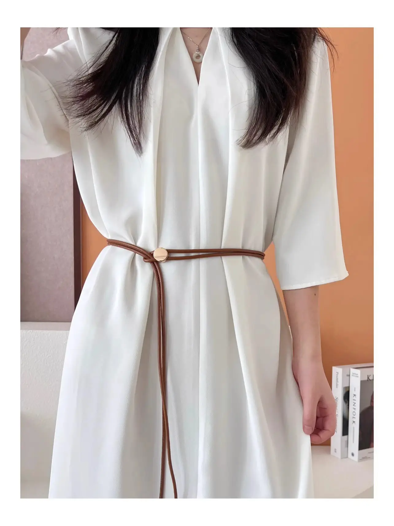 Women's White Leather Belted Summer Dress Shirt — feature 9