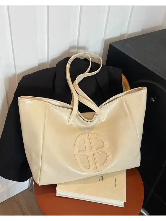 Women's Cream Leather Shoulder Bag with Logo, 2026 Spring Summer Use - Image 7