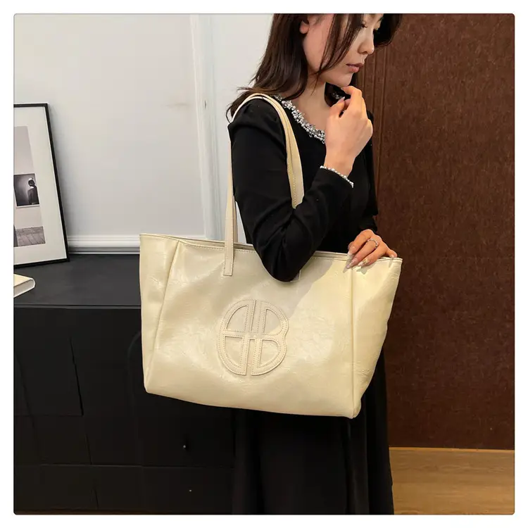 Women's Cream Leather Shoulder Bag with Logo, 2026 Spring Summer Use — feature 19