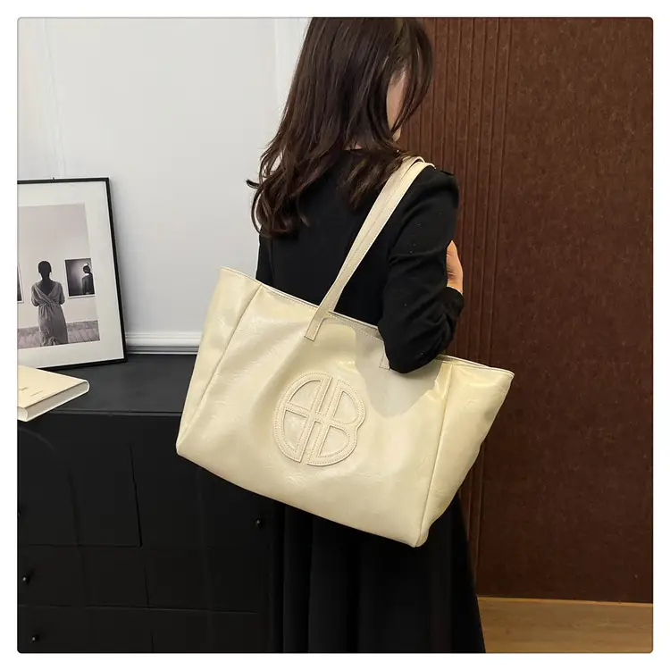 Women's Cream Leather Shoulder Bag with Logo, 2026 Spring Summer Use — feature 20