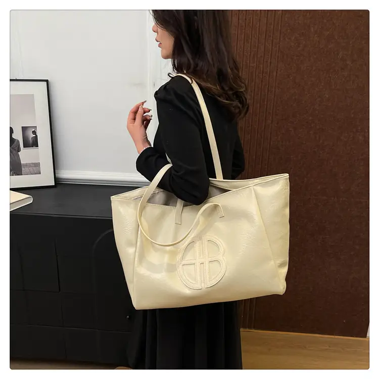 Women's Cream Leather Shoulder Bag with Logo, 2026 Spring Summer Use — feature 21