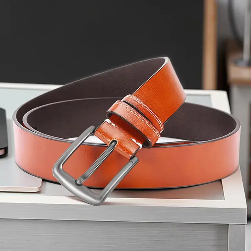 Men's Buckle Belt Silver Alloy Brown Leather Belt - Image 6