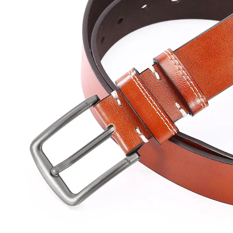 Men's Buckle Belt Silver Alloy Brown Leather Belt - Image 7