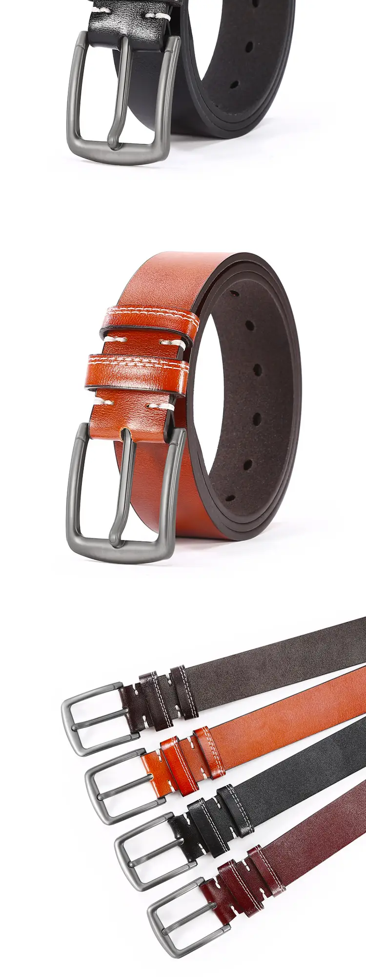 Men's Buckle Belt Silver Alloy Brown Leather Belt — feature 9