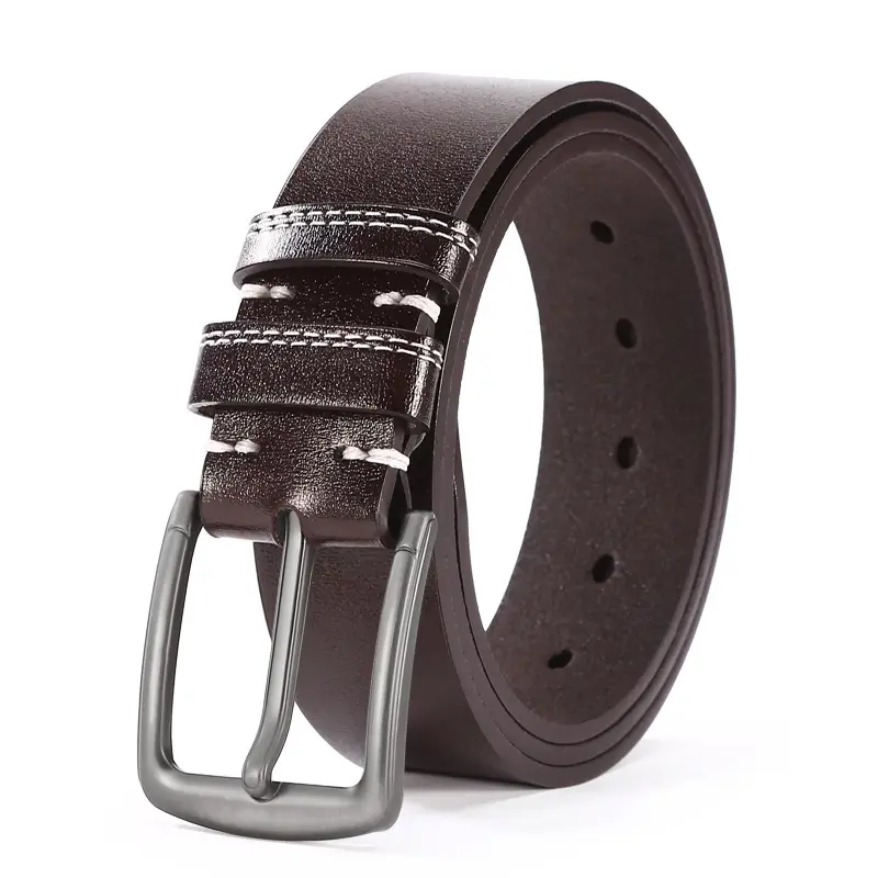 Men's Buckle Belt Silver Alloy Brown Leather Belt - Image 2