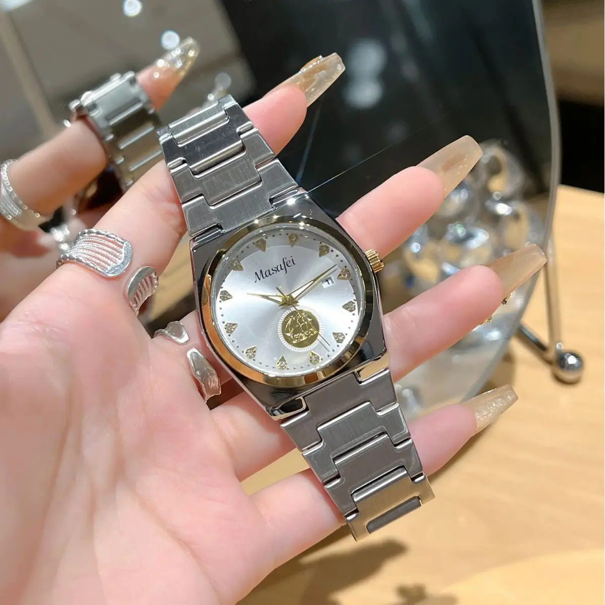 Men's Gold Skeleton Watch with Silver Chain Strap